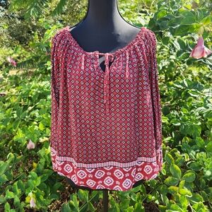 Abercrombie & Fitch Burgundy And White Geometric Print Blouse With Tie Front